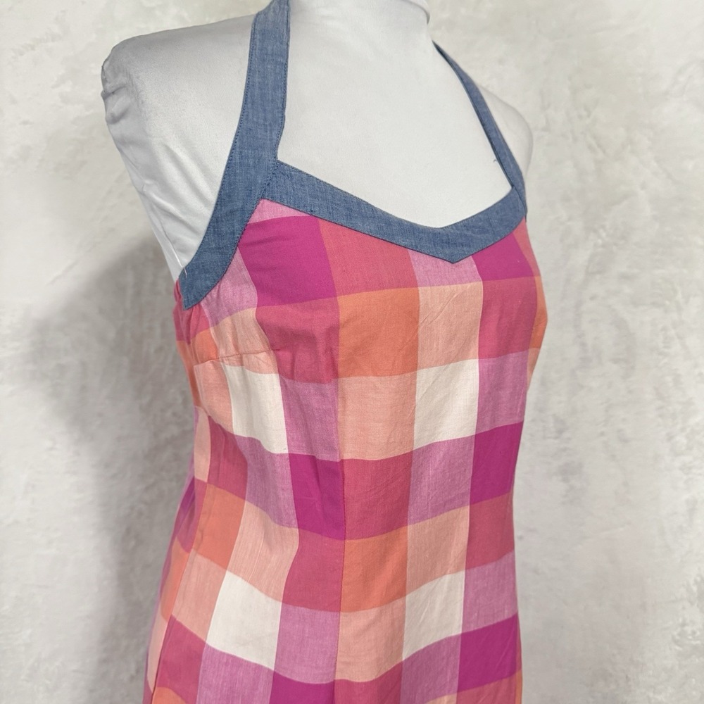 NWT Y2K Plaid Chambray Halter Dress Size S Pink Gingham Sundress Preppy Vintage - Picture 5 of 16